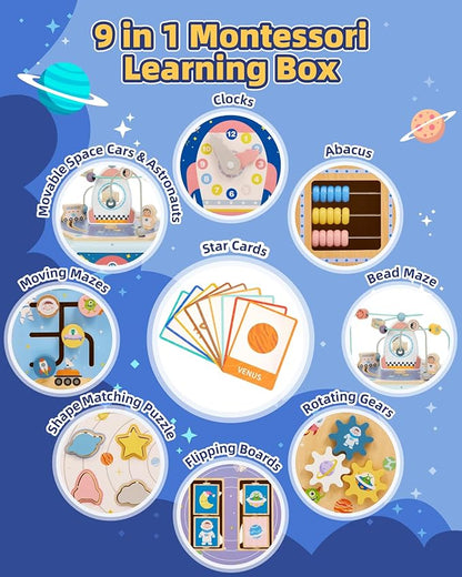 Large Wooden Space Activity Cube Toys, 9-in-1 Early Educational Montessori Learning Toys for 2 3 4 Toddlers with Abacus Bead Maze for 24+ Months Boys Girls First Birthday