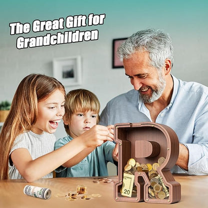 Summidate Wooden Letter Piggy Bank, Extra Thick Large Capacity Piggy Bank for Kids Boys Girls Toddler, Alphabet R Money Bank| Coin Box Birthday, Christmas, Festival