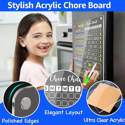 PigPotParty 3 Pack Acrylic Magnetic Kids Chore Chart for Multiple Kids & Family on Fridge – 9.5"x12" Weekly Dry Erase Chore Board with 12 Fine Point Colorful Markers & 1 Towel