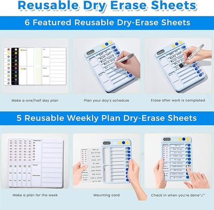 Magnetic Chore Chart for Kids with Timer, Visual Schedule for Kids, ADHD Tools for Kids to Do List, Checklist with 99-Min Countup/Countdown Chore Board with Sliders & 12 Dry-Erase Sheets (Blue)