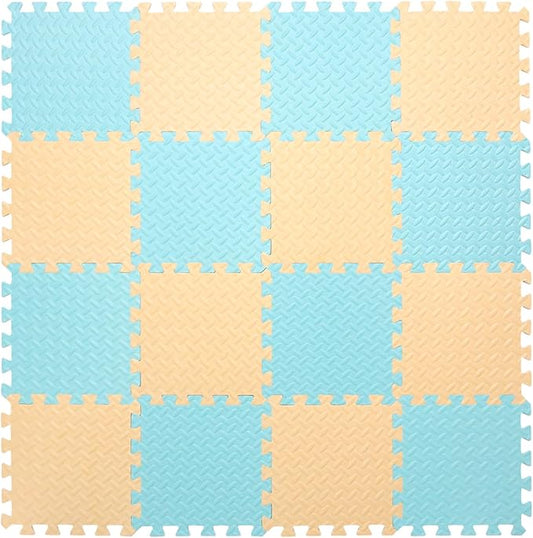 Foam Play Mat for Baby, 0.4 Inch Thick Foam Interlocking Floor Mats, Soft Non-Toxic Baby Playmat, Solid Colored Puzzle Play Mat Kids Floor Mats for Toddler, 16 Tiles(Beige/Light Blue)