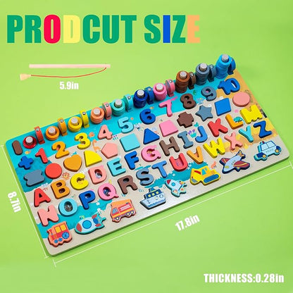Wooden Alphabet Puzzle All in One Letters Shape Number Matching Board Montessori Educational Early Learning Toy for Preschool Kids