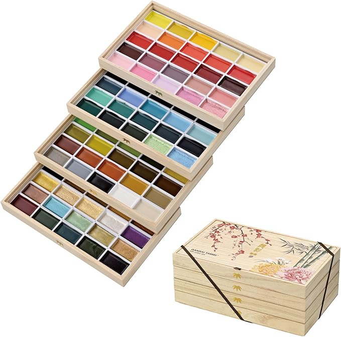 Kuretake GANSAI TAMBI Watercolor Paint Set 100 Colors with Wooden Box, Professional-quality art supplies for artists adult painting Non-Toxic, Made in Japan, MC20/100WD4