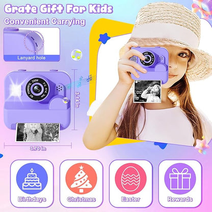 Kids Camera Instant Print - 1080P HD Video Digital Camera for Toddler with Printing Photo Paper, Portable Toy for 4 5 6 7 8 9 10 Years Old, Christmas Birthday Gifts for Boys Girls (Purple)