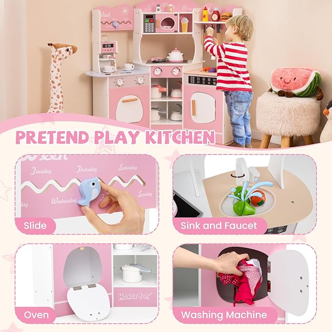 HONEY JOY Corner Play Kitchen, Toddler Wooden Toy Kitchen Set w/Lights, Coffee Maker, Microwave, Sink, Faucet, Little Chef Pretend Play Kids Kitchen Playset for Boys Girls (Pink)
