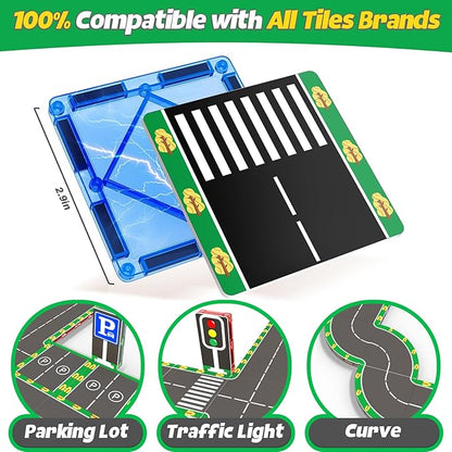 64PCS Magnetic Tiles for Kids Ages 3-5 4-8 Magnetic Building Blocks Road Expansion Pack for Toddlers Creative Learning Construction Toys Gift for Kids 3 4 5 6 7+Year Old Boys Girls Christmas Birthday
