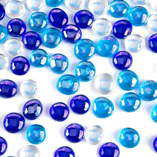FUTUREPLUSX 1LB Iridescent Flat Glass Marbles, Vase Fillers Blue Mixed Glass Beads Rocks for Fish Tank Aquarium Decor DIY Craft