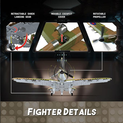 WW2 Military Fighter Jet UK Spitfire F.MK.la Plane Building Block Set, 682PCS Army Airplane Models Kit, Compatible with Lego,Airplane Toys Gifts for Ages 6+ Kid and Adult