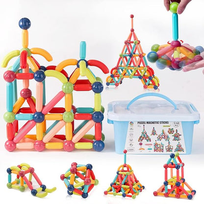 COUOMOXA Magnetic Sticks STEM for Kids: 3 4 5 6 7 8+ Year Old 110pcs Educational Magnetic Construction Set - Learning Toy for 3-12 Kids Classroom Home - Birthday Gift for Boys Girls
