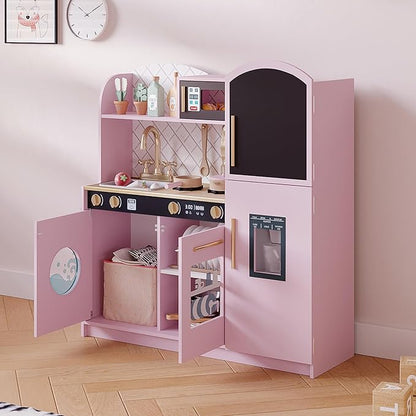 Treocho Play Kitchen for Kids, Wooden Toddler Kitchen Set with Storage, Modern Design Toy Kitchen with Faucet&Sink, Stove, Chalkboard, Icemaker and Various Accessories for Kids Ages 3+, Pink