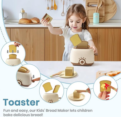ROBOTIME Kids Toy Kitchen Set - Wooden Play Kitchen Appliances with Toaster, Mixer, Blender with Realistic Sounds, Play Kitchen Accessories Toy Food Set for Kids - Kitchen Playset for Toddlers(4-Set)