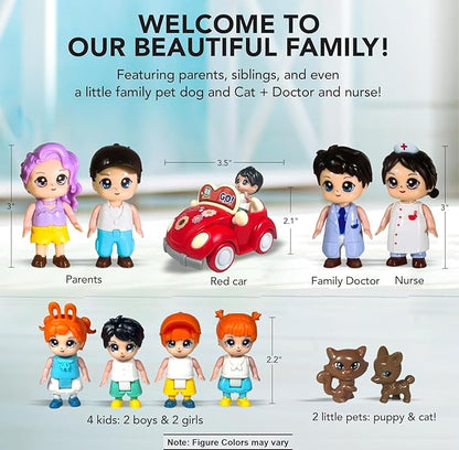 FUNERICA Dollhouse People Figures Playset - Dollhouse Family Little Play Figurines Doll House Accessories Toys -(Family Figures with Car, Pets, Doctor & Nurse)