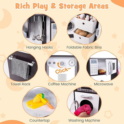 Costzon Corner Play Kitchen, Wooden Toddler Kitchen Playset with Lights and Sounds, Water Circulation System, Washing Machine, Toy Kitchen with Accessories, Kids Kitchen Playset (Brown)