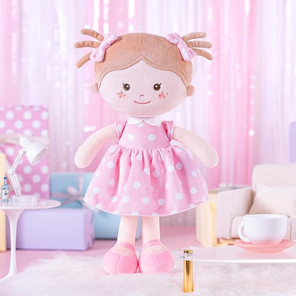 Onetoo Plush Rag Doll Sleeping Cuddle Buddy Doll Soft Baby Doll for Girls First Baby Doll Wear Pink Skirt Dress 14"（Milly Series）
