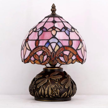 WERFACTORY Small Tiffany Lamp Desk Pink Stained Glass Baroque Mushroom Table Lamp Bronze Mini Accent Lamp W8H11 Inch S003P Series