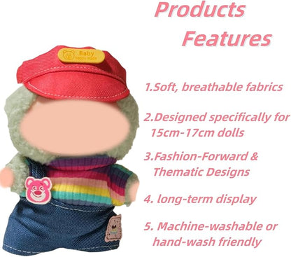 Doll Clothes for 17cm Figures, Rainbow-Striped Knit Top with One-Shoulder Denim Overalls and Red Cap