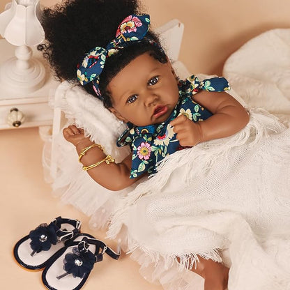 HOOMAI Reborn Baby Black Dolls African American Lifelike Silicone Doll Realistic 22.8 Inch with Cloth Body Birthday Gift Set for Ages 3+
