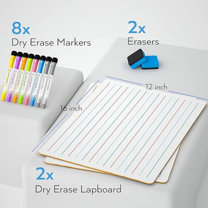 Nicpro Dry Erase Lap Board 12 x 16 inches 2 Pack Ruled Kid Double Sided Blank & Lined Small White Board with 8 Pens, 2 Eraser, Learning Mini Whiteboard Portable for Students Home School Supplies