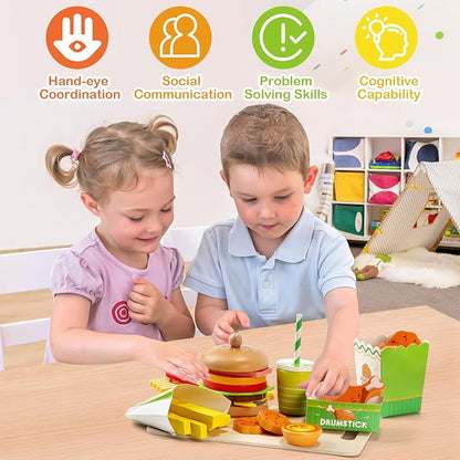 Wooden Hamburger Play Food Set for Kids, Fast Food Playset with Tray, Pretend Play Kitchen Accessories for Toddlers