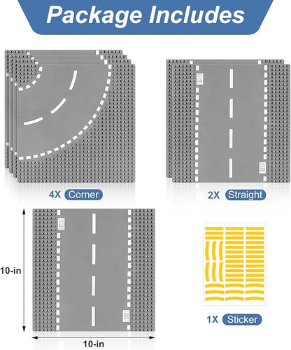 6 Pack Road Base Plates for Building, Compatible with Lego Classic Bricks, 10” x 10” Baseplates Fits for Lego Roads, Road Base Plates for City Sets (Attached DIY Stickers)
