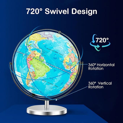 Goplus 13" Large World Globe with Stand, 720° Rotating Illuminated Globe with LED Lights, Metal Base, Desktop Educational Geographic Globe for Learning, Classroom, Office
