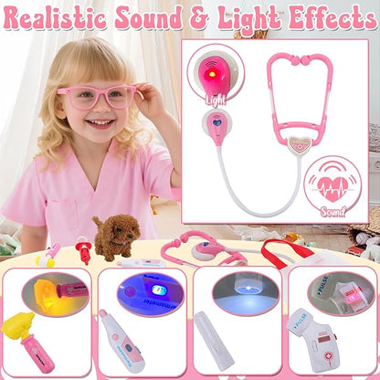 Toy Doctor Kit for Girls - TEUVO Pretend Play Doctor Set with Dog Toy, Carrying Bag, Stethoscope, Dress Up Costume - Toys Doctor Play Birthday Gift for Kids Toddlers 2 3 4 5 6 7 Year Old for Role Play
