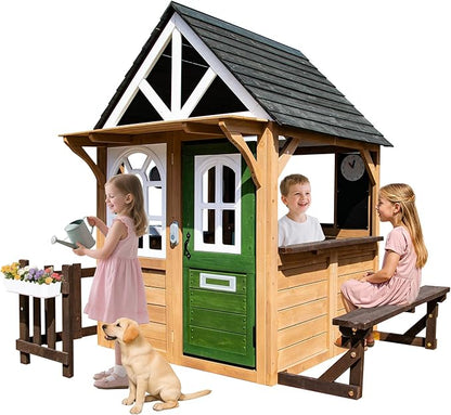 Kids Playhouse Outdoor, Wooden Play House Playset with Kitchen, Fence, Bench, Dog Door, Doorbell & Flower Pot,Fun Backyard Cottage for Ages 3-8 (Green)