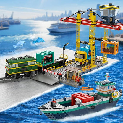 HOGOKIDS City Wharf Building Set with Crane - Includes Ship Train Truck, 4 Containers with Cargo Harbor Building Blocks | Large Construction Toy for for Adults Teens Kids Girls Boys 6-14+（1373PCS）