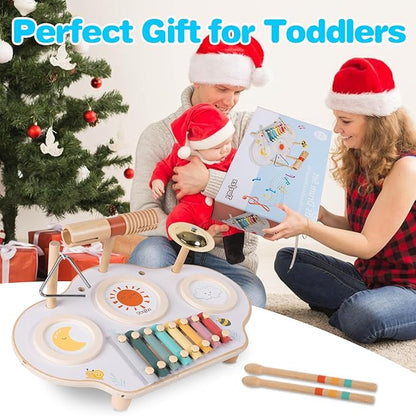 Kids Drum Set - 9 in 1 Baby Drum Set for Toddlers - Montessori Musical Instruments Toy for Babies - Wooden Xylophone Musical Toys for Boys and Girls
