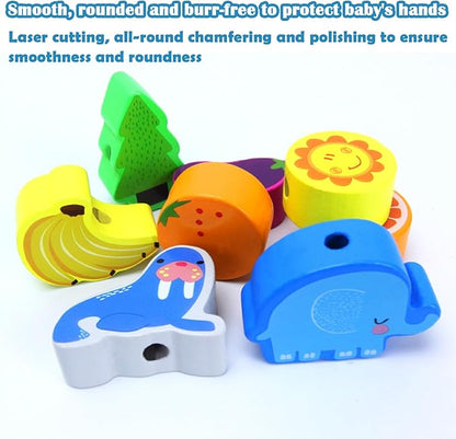 46 PCS Wooden Lacing Beads,Animals Fruits Threading Toys for Toddlers,Preschool Learning Lacing Toys,Montessori Educational Stringing Threading Beads Toys for Kids 3 4 5 6 Year Old Boys Girls