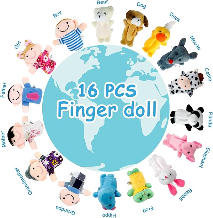 Sealive 16-PCS Finger Puppets for Toddlers Story Time - Soft Velvet 10 Animals & 6 Family Members - Perfect for Role Playing, Classroom Learning, Party Favors, Travel, Therapy, Imagination Building