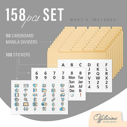 50 Heavyweight Manila Index Card Dividers 3x5 with Tabs & Alphabet Stickers for Recipe Cards