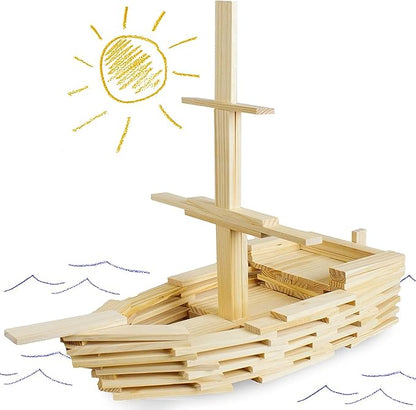Imagination Generation Constructables! Pine Wood Building Planks, 150 Pieces - Educational Tinker Toys for Kids & Teens - STEM Stacking Blocks for Boys & Girls - Wooden Playset for Learning