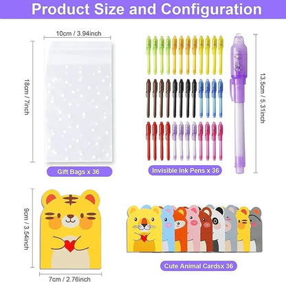 36PCS Invisible Ink Pens with UV Light, Spy Pens with Animal Cards & Goodie Bags, Party Favors for Kids 8-12, Classroom Prizes, Stocking Stuffers
