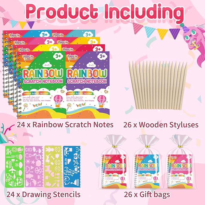 Kids Scratch Art Party Favors Gifts: 24 Pack Rainbow Scratch Notebook Paper Birthday Party Favor Toy Girls Boys Art Craft Kit Summer Classroom Goodie Bags Return Gifts for Birthday Party Favors Bulk