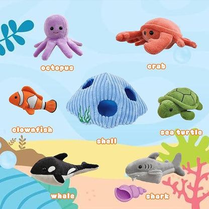 6pcs sea Finger Puppets with a Shell House, Novelty Animals Toys Puppet for Kids, Storytelling Role-Playing Plush Finger Puppets Gifts for Boys and Girls