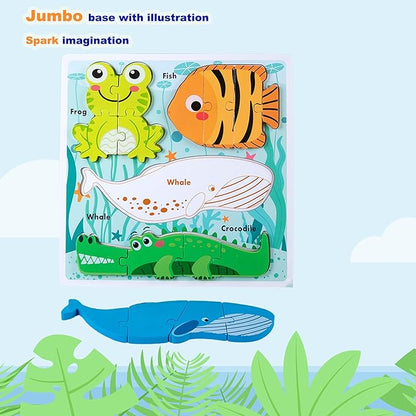 Wooden Creature Puzzles for Toddlers 2-4,Toddler Jigsaw Puzzle Ages 1-3, Montessori Educational Toys for 2 3 Years Old, Wood Learning Gifts for Preschool Kids Boys Girls