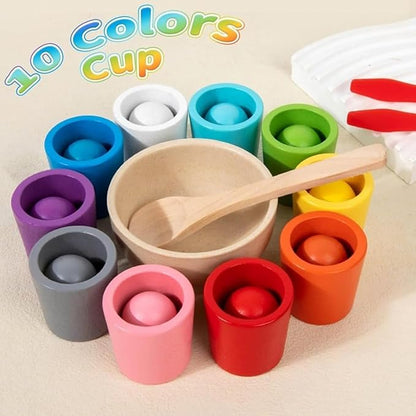 Rainbow Balls in Cups Toddler Toys, Kids Color Classification Cup Game, 10 Color Classification Beads, Wooden Colors Sorting Toy with 10 Ball, Learning Colors Sorting and Counting(12 Color)