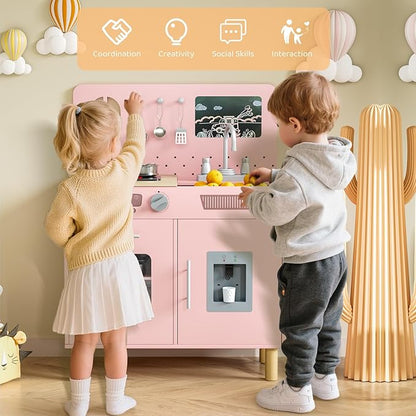 MAMIZO Wooden Kids Play Kitchen Set with Real Lights & Sounds, Interactive Pretend Kitchen with Knob Sounds, Sink, Water Dispenser, 6 Pcs Cookware & Chalkboard Panel for Toddlers and Children (Pink)
