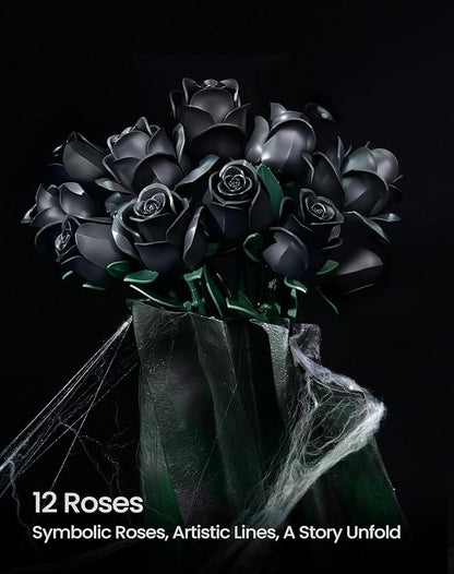 iATOM Black Rose Bouquet Building Set, Halloween Artificial Flowers Kit for Adults - Gothic Horror Retro Botanical Collection, Home Office Table Centerpiece Decor - IA11001