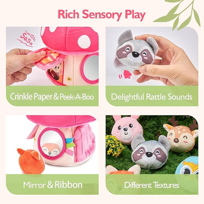 hahaland Baby Toys 6-12 Months - Montessori Toys for 6 Month Old Girl, My First Mushroom House with Stuffed Jungle Animals, Rattle, Crinkle Paper, Mirror, Sensory Toddler Toy for 1 Year Old Girl Gifts