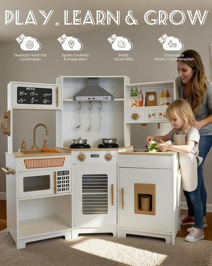 YUG Kids Play Kitchen Set with Real Lights & Sounds Toddler Kitchen Playset Including Stove, Oven, Ice Maker, Range Hood, Corner Pretend Kitchen Toy for Boys Girls Ages 3+, ASTM CPSIA Compliant