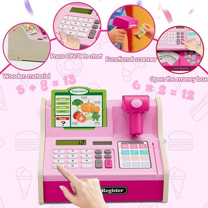 Wooden Cash Register for Kids with Real Calculator, Rechargeable Cash Register Toy with Scanner/Play Money/Food/Credit Card/Menu, Pretend Play Toys Gifts for Boys Girls Ages 3-8,Color