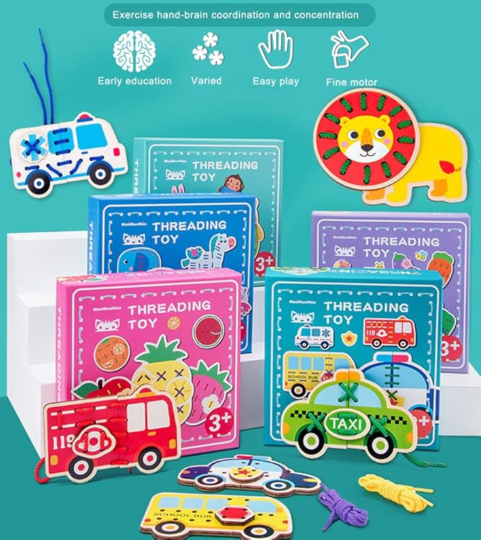 Promise Babe 5 Pack Animals Lacing Cards Wood Block Puzzle Threading Toys Montessori Toy Sewing Cards for Toddler Educational Preschool Toys…