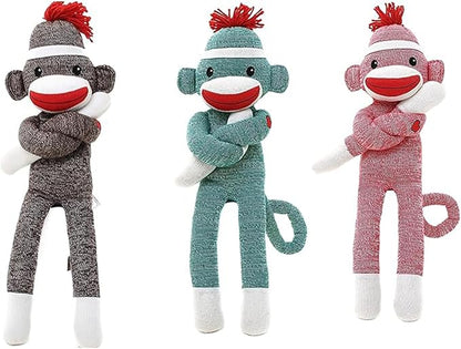 Adorable Sock Monkey Stuffed Animal - Pack of 3 - The Original Traditional Hand Knitted Plush Toy - Gift for Kids, Girls Boys Doll Present Puppet (20" Green, Pink, Brown)