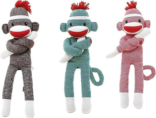 Adorable Sock Monkey Stuffed Animal - Pack of 3 - The Original Traditional Hand Knitted Plush Toy - Gift for Kids, Girls Boys Doll Present Puppet (20" Green, Pink, Brown)