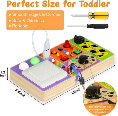 Busy Board Montessori Toys Wooden Sensory Board with 19 LED Light, Switch, Button Travel Activity Educational Learning Toddler Toys for 1-3 Year Old Boy and Girl
