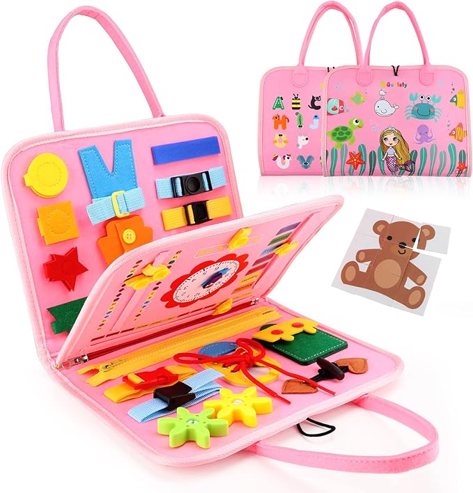 Guolely Busy Board Montessori Toy for 1 2 3 4 Year Old Toddlers - Educational Activity Developing Sensory Board for Basic Dress Fine Motor Skills - Travel Toys for Plane Car, Gift for Boys Girls