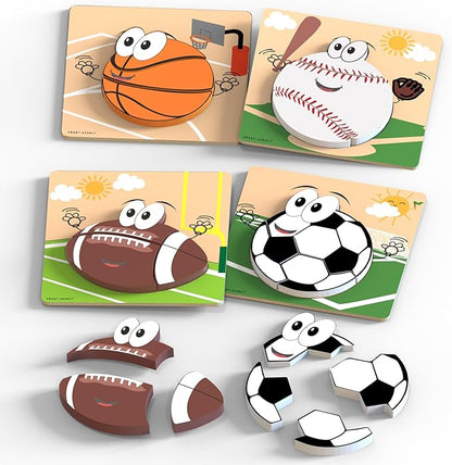 Wooden Sports Puzzles for Toddlers 2-4 | Wood Puzzles for Kids, Toddler Sports Toys for Toddlers, Basketball Toy, Football Toys, Baseball Toy, Soccer Toddler 2 3 Year Old Boy