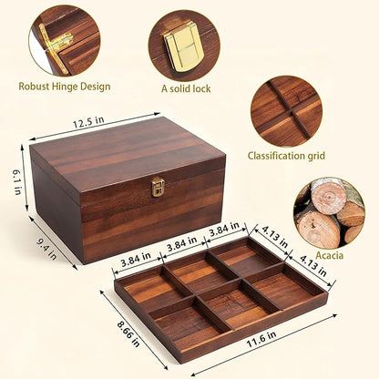 Large Wooden Storage Box with Adjustable Tray, 12.5 IN Acacia Wood Keepsake Box with Lid for Storage Trinkets, Jewelry, Card, Photo, Wooden Decortive Case for Home 12.5x9.4x6.1 IN -WB006-X Large